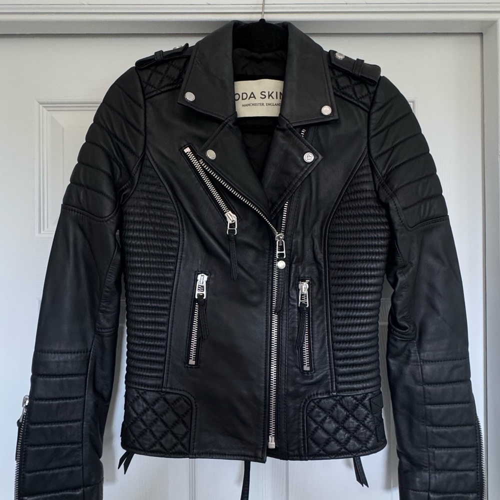 Black Leather Moto Jacket with Quilted Design